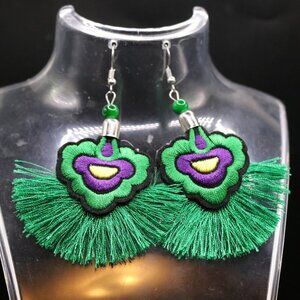JewelNaush Embroidered Floral Earrings with Fan Fringe